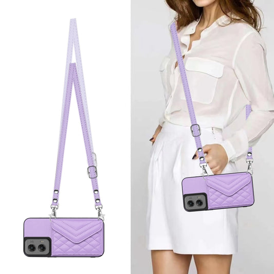 For Motorola Moto G Stylus 5G 2024 Rhombic Texture Card Bag RFID Phone Case with Long Lanyard(Light Purple) by buy2fix