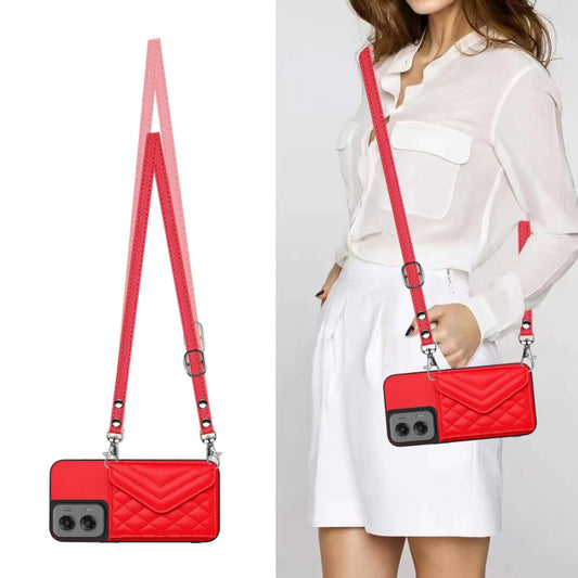 For Motorola Moto G Stylus 5G 2024 Rhombic Texture Card Bag RFID Phone Case with Long Lanyard(Red) by buy2fix