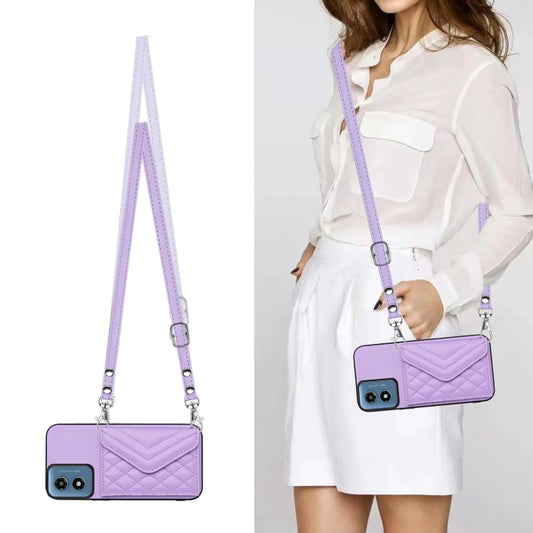 For Motorola Moto G Play 2024 5G Rhombic Texture Card Bag RFID Phone Case with Long Lanyard(Light Purple) by buy2fix
