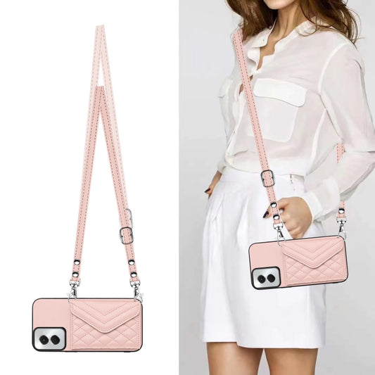For Motorola Moto G Power 2024 5G Rhombic Texture Card Bag RFID Phone Case with Long Lanyard(Rose Gold) by buy2fix