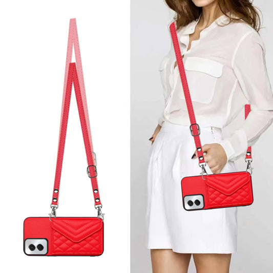 For Motorola Moto G Power 2024 5G Rhombic Texture Card Bag RFID Phone Case with Long Lanyard(Red) by buy2fix