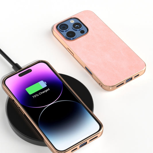 For iPhone 16 Pro Max Electroplated Frame PU Leather Full Coverage Phone Case(Pink) by buy2fix
