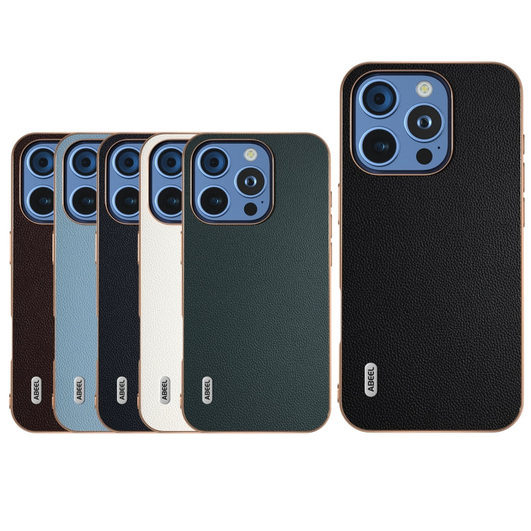 For iPhone 16 Pro Max ABEEL Electroplated Frame Genuine Leather Elegant Phone Case(White) by buy2fix