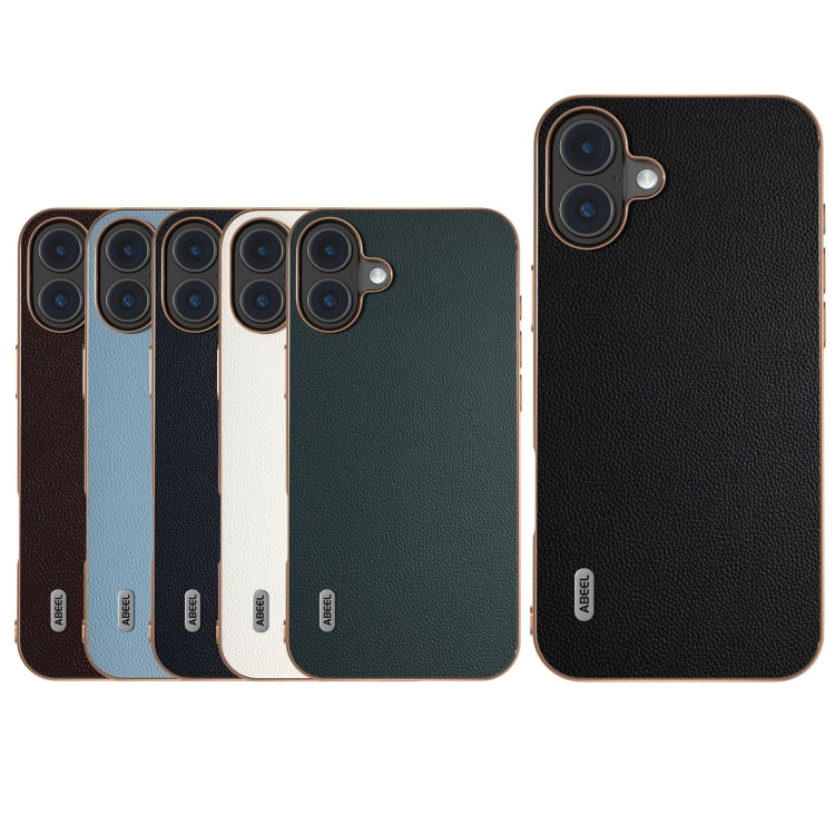 For iPhone 16 Plus ABEEL Electroplated Frame Genuine Leather Elegant Phone Case(Green) by buy2fix