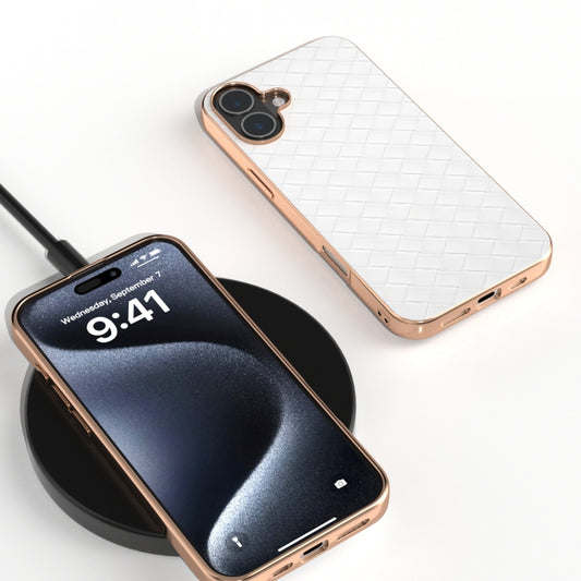 For iPhone 16 Plus Electroplated Frame Woven Texture PU Phone Case(White) by buy2fix