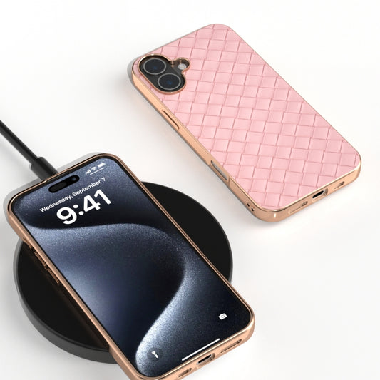 For iPhone 16 Plus Electroplated Frame Woven Texture PU Phone Case(Pink) by buy2fix