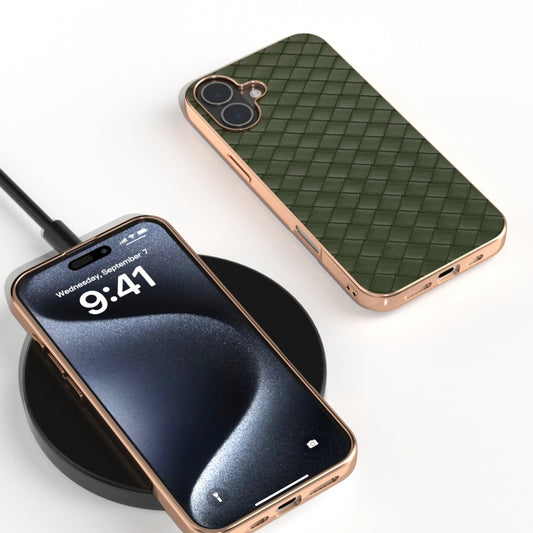 For iPhone 16 Plus Electroplated Frame Woven Texture PU Phone Case(Green) by buy2fix