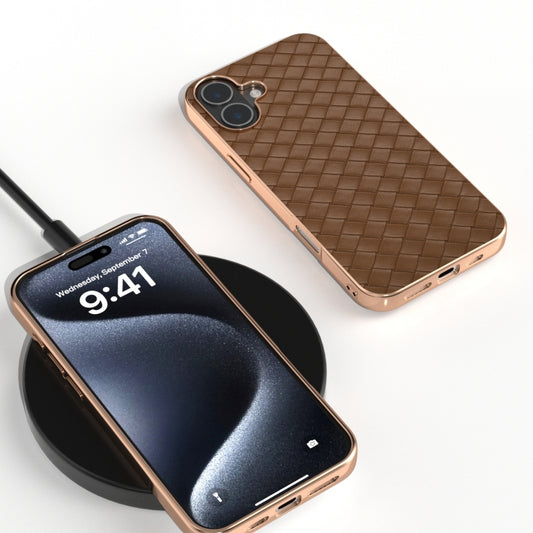 For iPhone 16 Plus Electroplated Frame Woven Texture PU Phone Case(Brown) by buy2fix