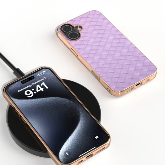 For iPhone 16 Plus Electroplated Frame Woven Texture PU Phone Case(Purple) by buy2fix