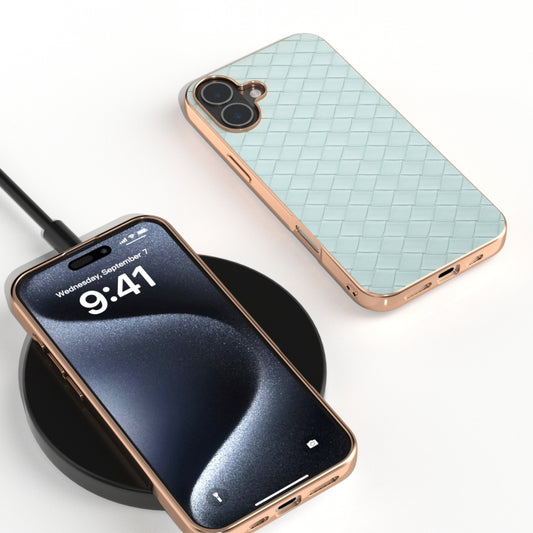 For iPhone 16 Plus Electroplated Frame Woven Texture PU Phone Case(Light Green) by buy2fix