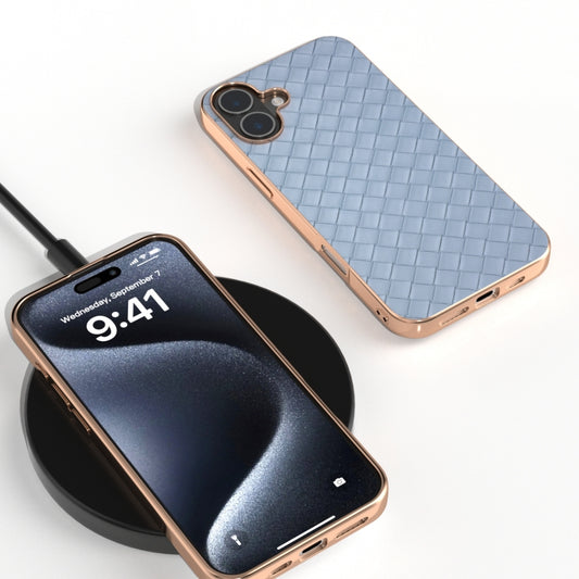 For iPhone 16 Plus Electroplated Frame Woven Texture PU Phone Case(Light Blue) by buy2fix
