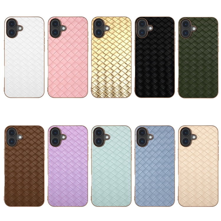 For iPhone 16 Plus Electroplated Frame Woven Texture PU Phone Case(Light Blue) by buy2fix