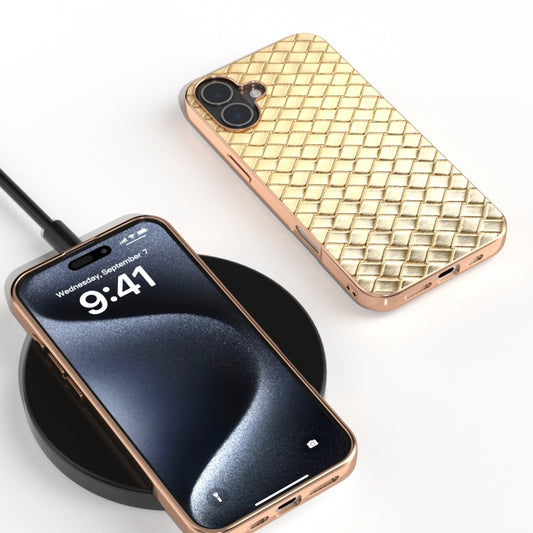 For iPhone 16 Electroplated Frame Woven Texture PU Phone Case(Gold) by buy2fix