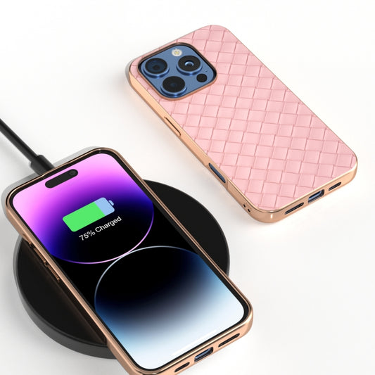 For iPhone 16 Pro Electroplated Frame Woven Texture PU Phone Case(Pink) by buy2fix