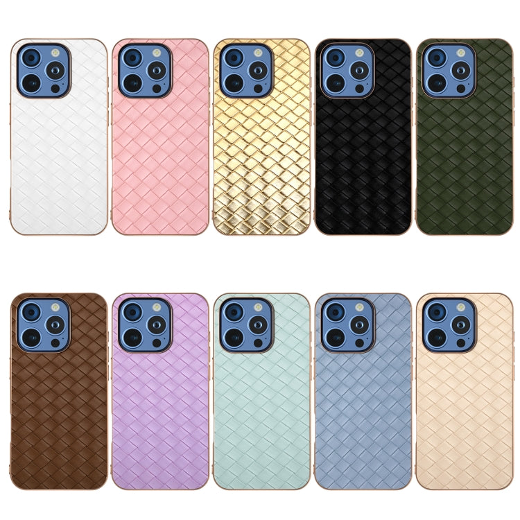 For iPhone 16 Pro Electroplated Frame Woven Texture PU Phone Case(Pink) by buy2fix