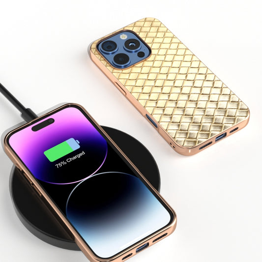 For iPhone 16 Pro Electroplated Frame Woven Texture PU Phone Case(Gold) by buy2fix