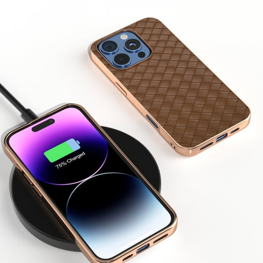 For iPhone 16 Pro Electroplated Frame Woven Texture PU Phone Case(Brown) by buy2fix