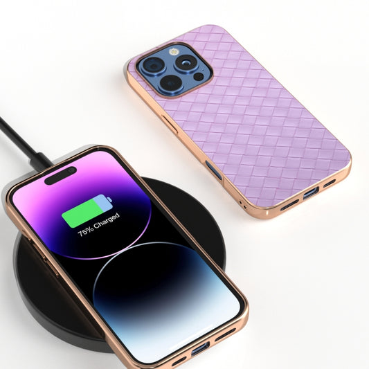For iPhone 16 Pro Electroplated Frame Woven Texture PU Phone Case(Purple) by buy2fix