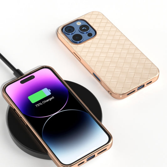 For iPhone 16 Pro Electroplated Frame Woven Texture PU Phone Case(Beige) by buy2fix