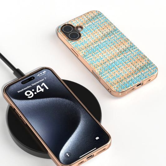For iPhone 16 Plus Electroplated Frame Color Lattice Texture PU Phone Case(Blue) by buy2fix