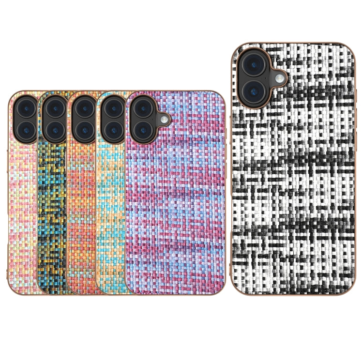 For iPhone 16 Plus Electroplated Frame Color Lattice Texture PU Phone Case(Tangerine) by buy2fix