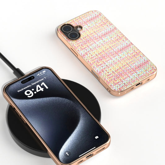 For iPhone 16 Plus Electroplated Frame Color Lattice Texture PU Phone Case(Pink) by buy2fix
