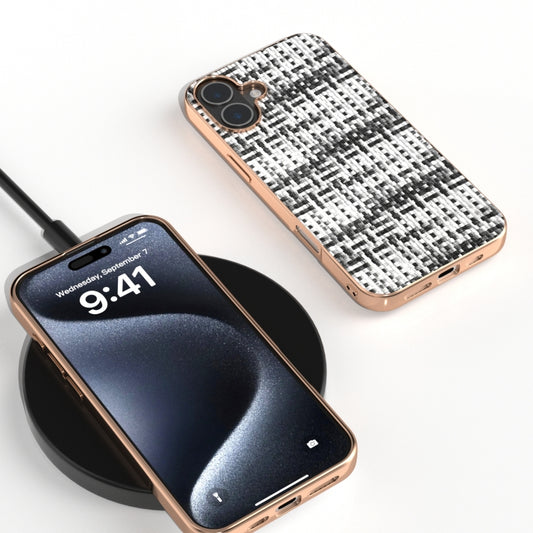 For iPhone 16 Plus Electroplated Frame Color Lattice Texture PU Phone Case(Black) by buy2fix