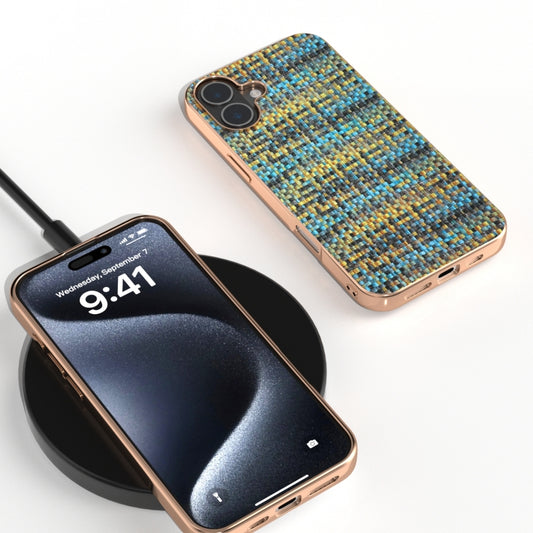 For iPhone 16 Plus Electroplated Frame Color Lattice Texture PU Phone Case(Gold) by buy2fix