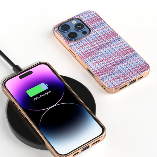 For iPhone 16 Pro Electroplated Frame Color Lattice Texture PU Phone Case(Purple) by buy2fix