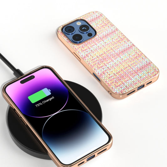 For iPhone 16 Pro Max Electroplated Frame Color Lattice Texture PU Phone Case(Pink) by buy2fix