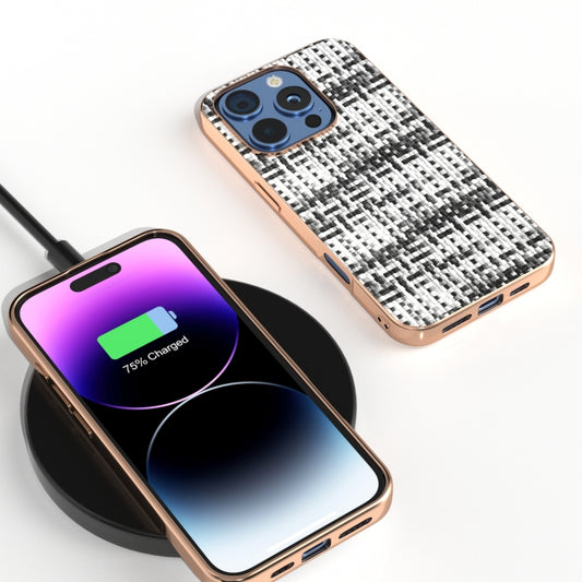 For iPhone 16 Pro Max Electroplated Frame Color Lattice Texture PU Phone Case(Black) by buy2fix