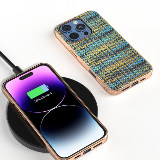 For iPhone 16 Pro Max Electroplated Frame Color Lattice Texture PU Phone Case(Gold) by buy2fix