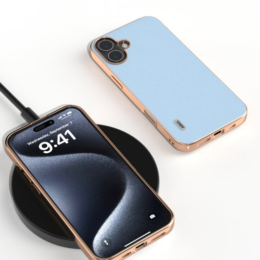 For iPhone 16 ABEEL Electroplating Frame Genuine Leather Wave Phone Case(Blue) by buy2fix