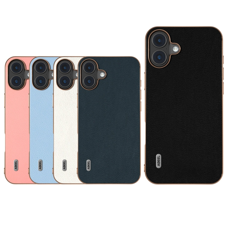 For iPhone 16 ABEEL Electroplating Frame Genuine Leather Wave Phone Case(Blue) by buy2fix