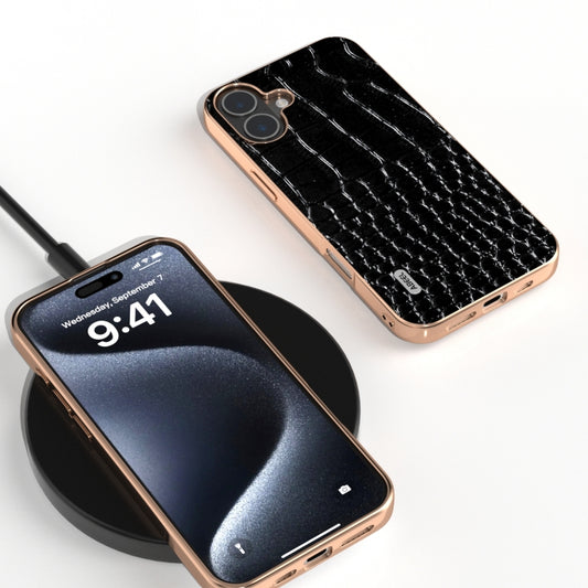 For iPhone 16 Plus ABEEL Electroplated Frame Genuine Leather Crocodile Pattern Phone Case(Black) by buy2fix