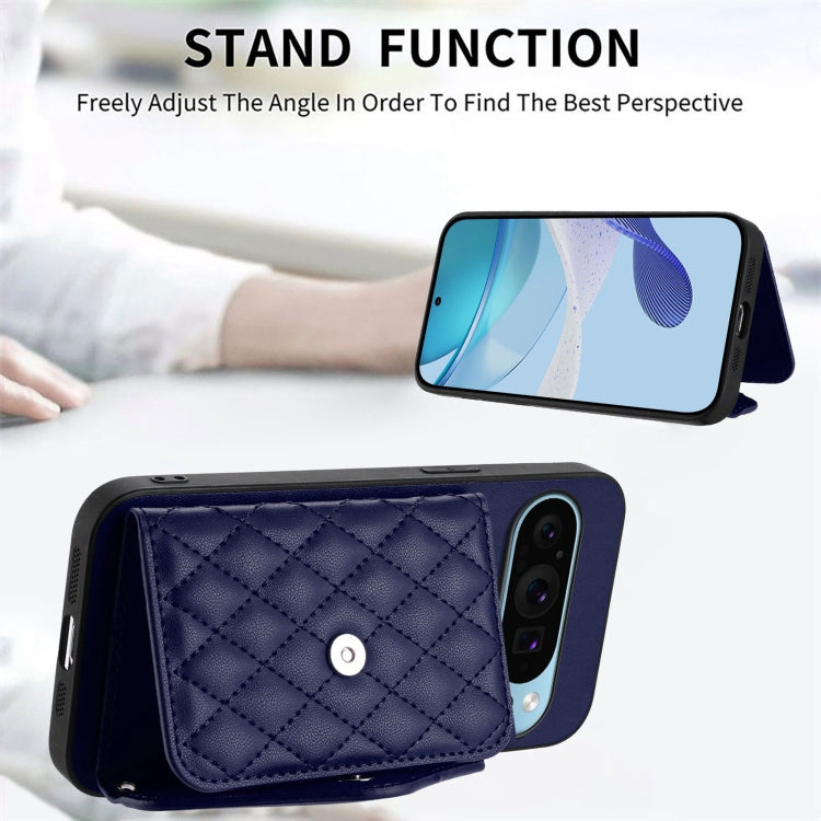For Google Pixel 9 Pro XL Rhombic Texture Card Bag RFID Phone Case with Long Lanyard(Blue) by buy2fix