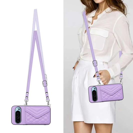 For Google Pixel 9 Pro XL Rhombic Texture Card Bag RFID Phone Case with Long Lanyard(Light Purple) by buy2fix