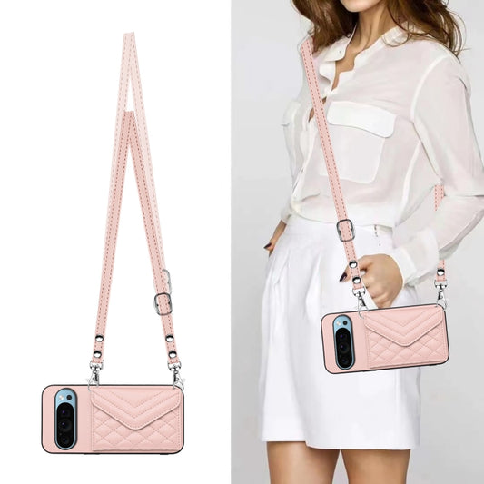 For Google Pixel 9 / 9 Pro Rhombic Texture Card Bag RFID Phone Case with Long Lanyard(Rose Gold) by buy2fix