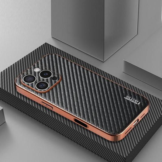 For iPhone 16 Pro Max AZNS Electroplated Edge Carbon Fiber Texture Phone Case(Black) by AZNS