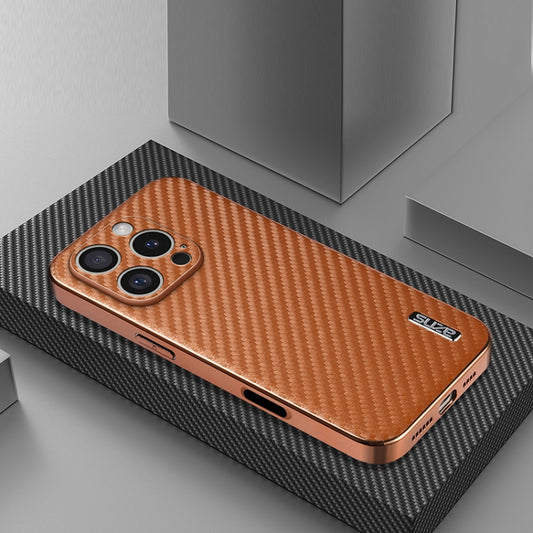 For iPhone 16 Pro AZNS Electroplated Edge Carbon Fiber Texture Phone Case(Brown) by AZNS