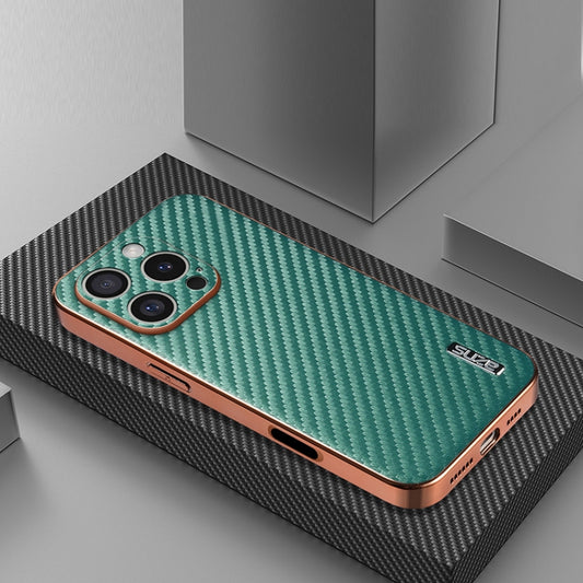 For iPhone 16 Pro AZNS Electroplated Edge Carbon Fiber Texture Phone Case(Green) by AZNS