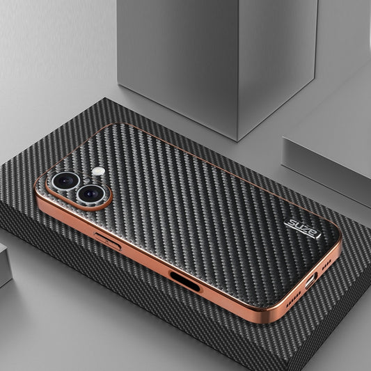 For iPhone 16 AZNS Electroplated Edge Carbon Fiber Texture Phone Case(Black) by AZNS