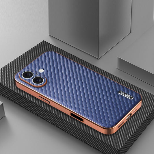 For iPhone 16 AZNS Electroplated Edge Carbon Fiber Texture Phone Case(Blue) by AZNS