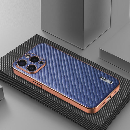 For iPhone 15 Pro Max AZNS Electroplated Edge Carbon Fiber Texture Phone Case(Blue) by AZNS