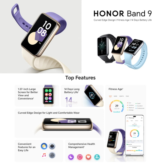 Honor Band 9, 1.57 inch AMOLED Screen, Support Heart Rate / Blood Oxygen / Sleep Monitoring, Standard Version(Black) by Huawei