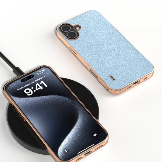 For iPhone 16 Plus ABEEL Genuine Leather Mino Series Nano Plating Phone Case(Blue) by buy2fix
