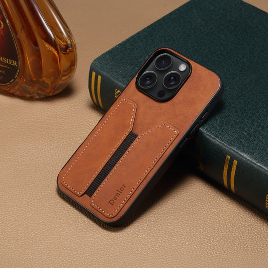 For iPhone 16 Plus Denior D07 DV Elastic Card Slot PU Back Cover Phone Case(Brown) by Denior