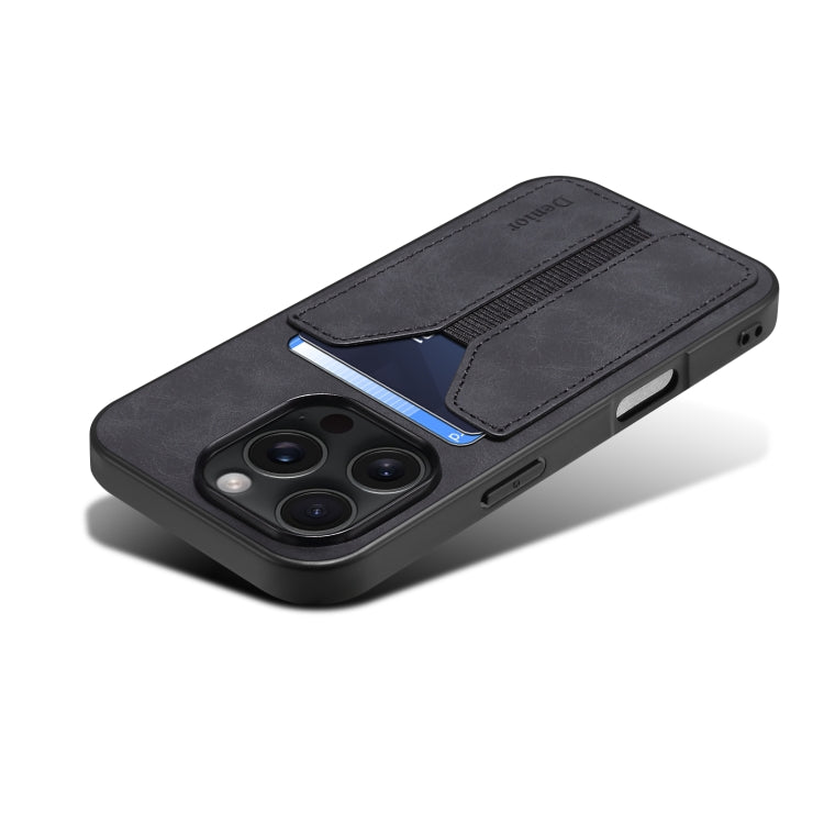 For iPhone 16 Pro Denior D07 DV Elastic Card Slot PU Back Cover Phone Case(Black) by Denior