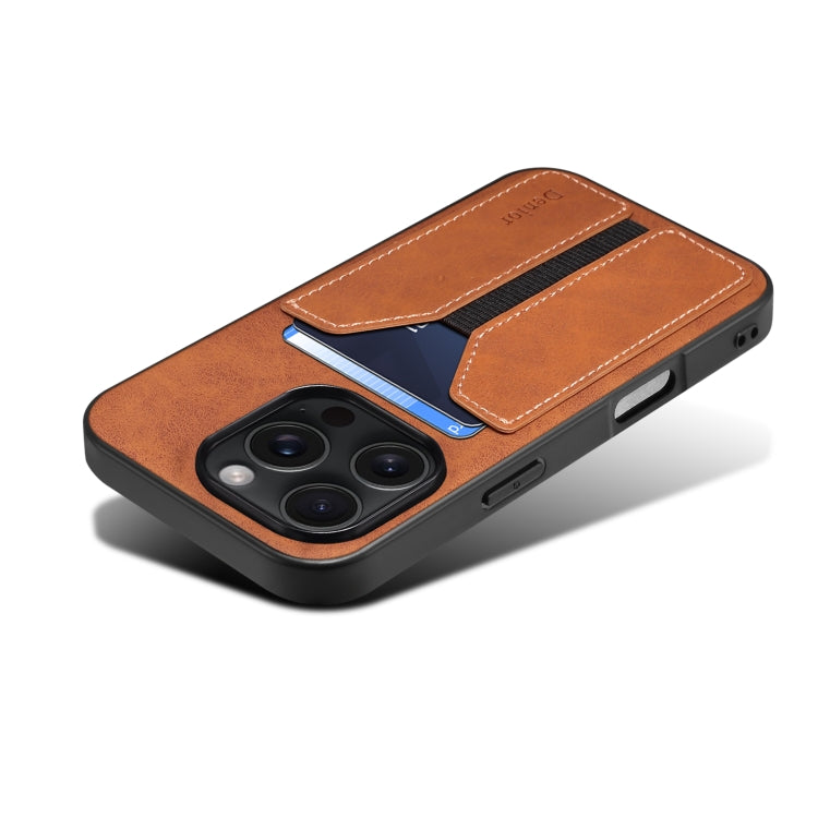 For iPhone 16 Pro Denior D07 DV Elastic Card Slot PU Back Cover Phone Case(Brown) by Denior