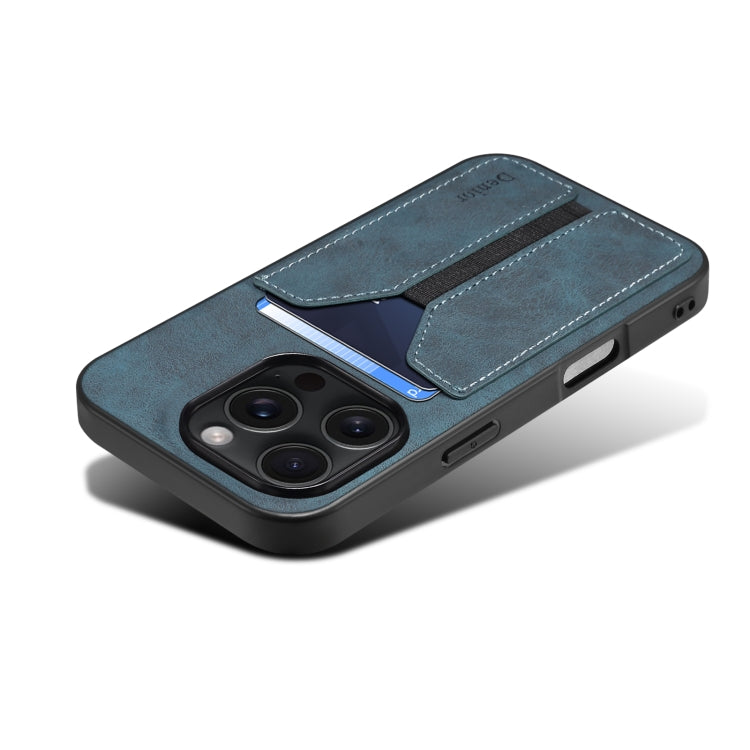 For iPhone 16 Pro Denior D07 DV Elastic Card Slot PU Back Cover Phone Case(Blue) by Denior